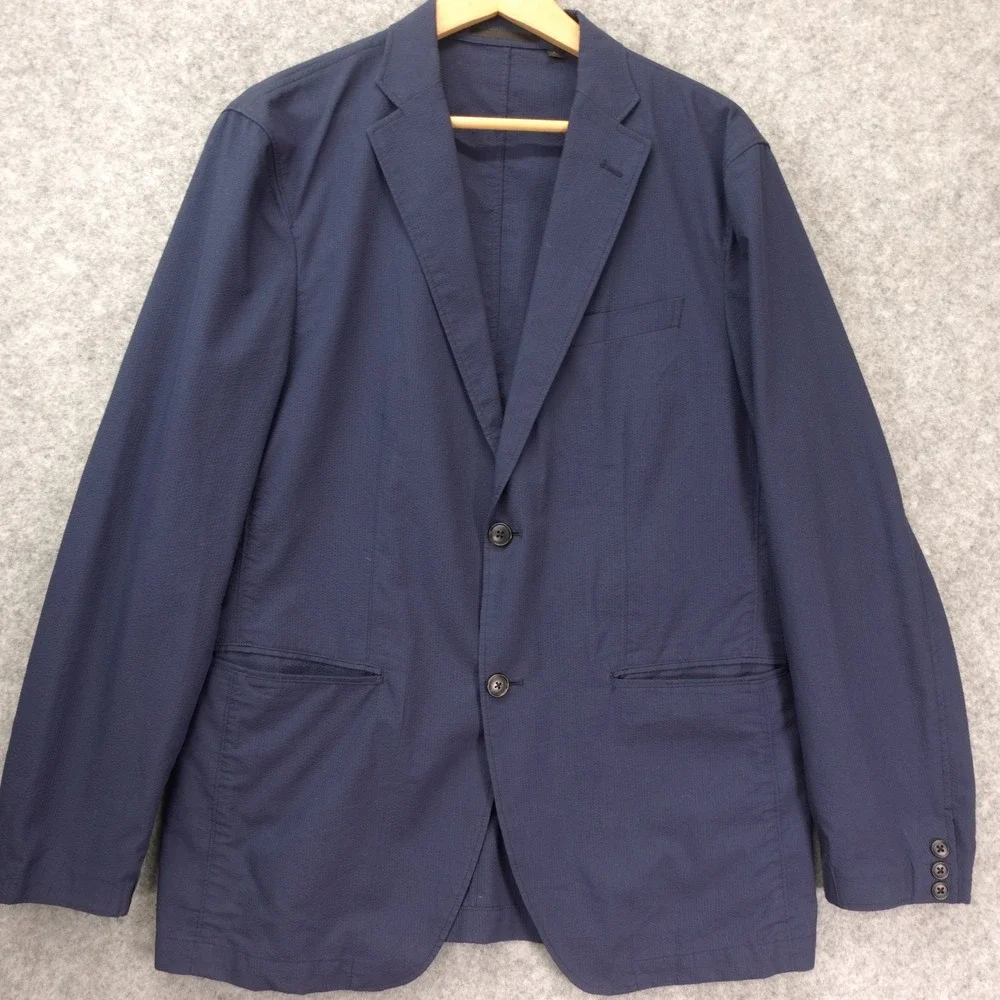 Uniqlo Seersucker Sport Coat Men LARGE 44R SLIM Navy Jacket Summer Unlined Light
